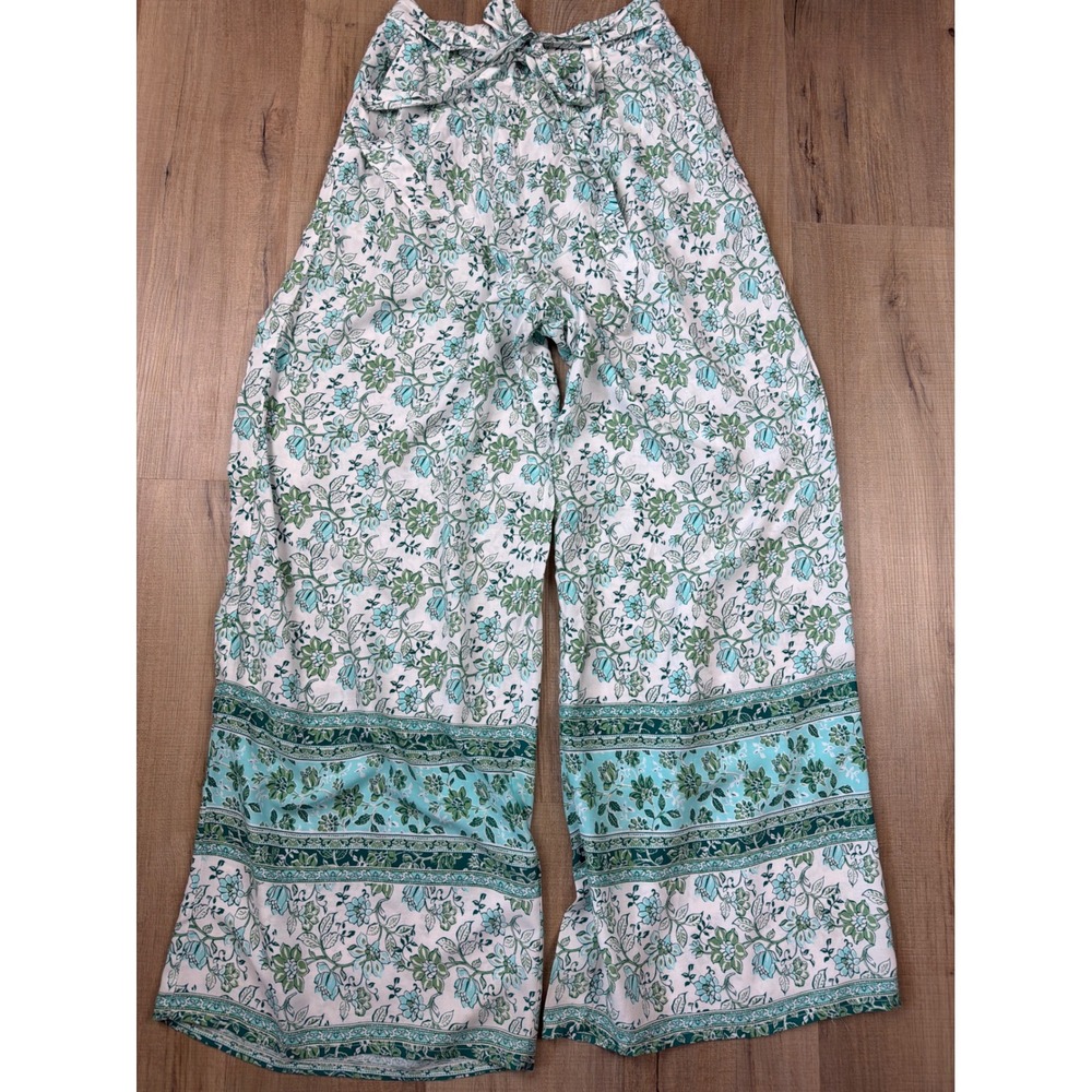 Blue Rain Francescas Floral Wide Leg Pants Green Teal Boho Rayon WS30997 Small